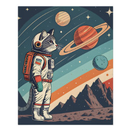Póster Ilustración Retro de Gato Astronauta Espacio Cósmi