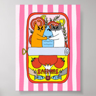 Póster Ilustración Retro de Gato de Sardina Rosa en la Co