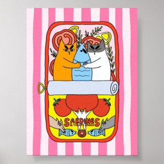 Póster Ilustración Retro de Gato de Sardina Rosa en la Co