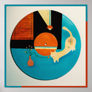 Póster Ilustración Retro de Gato Estirándose en Disco