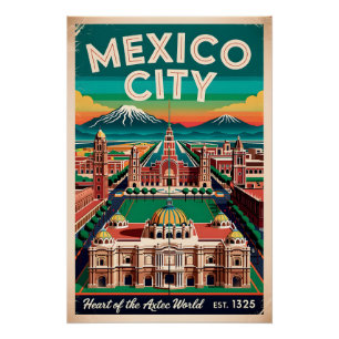 Póster Ilustración Retro de la Ciudad de México Viaje