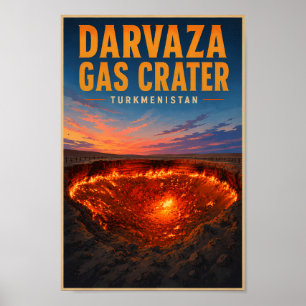 Póster Ilustración retro del cráter de gas de Darvaza Tur