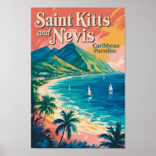 Póster Ilustración retro del paisaje de Saint Kitts y Nev