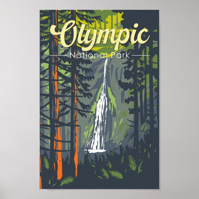 Póster Ilustracion Retro del Parque Nacional Olímpico (Frente)