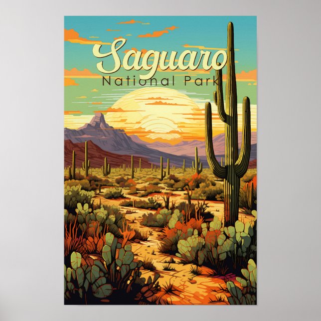 Póster Ilustración Retro del Parque Nacional Saguaro (Frente)