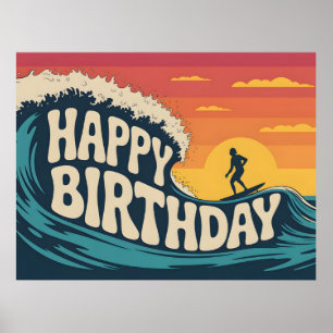 Póster Ilustración Retro Surf Tema "Feliz Cumpleaños"