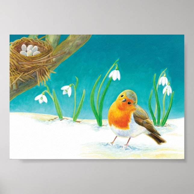 Póster Ilustracion Robin Bird, nieve y gotas de nieve (Frente)