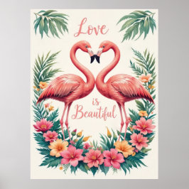 Póster Ilustracion romántico Flamingo Love Heart