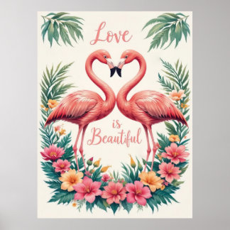 Póster Ilustracion romántico Flamingo Love Heart