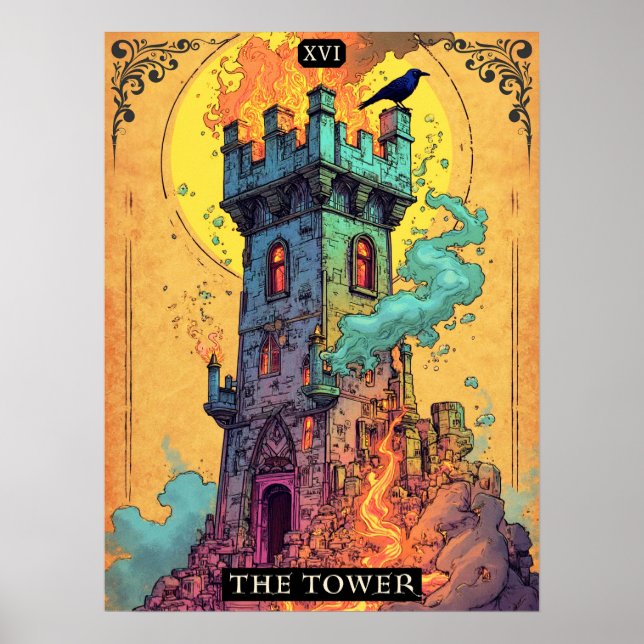 Póster Ilustracion Tarot Card, La Torre (Frente)