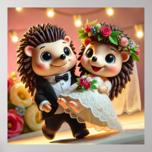 Póster Ilustración temática de boda de dos erizos lindos