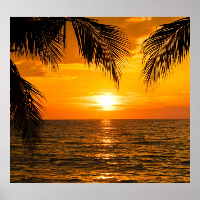 Póster Ilustracion Tropical Beach Sunset Palm (Frente)