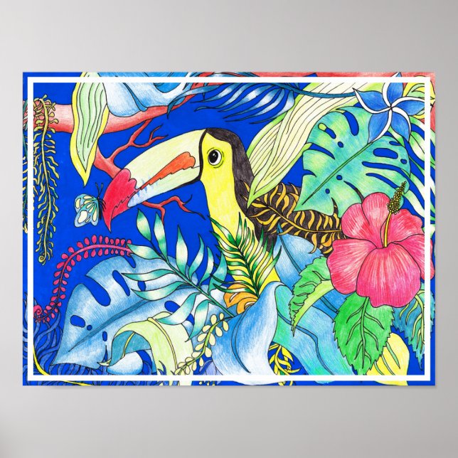 Póster Ilustracion Tropical Toucan & Jungle Foliage (Frente)