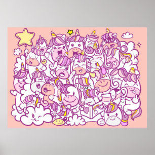 Póster Ilustracion, unicornio y colección de ponis con