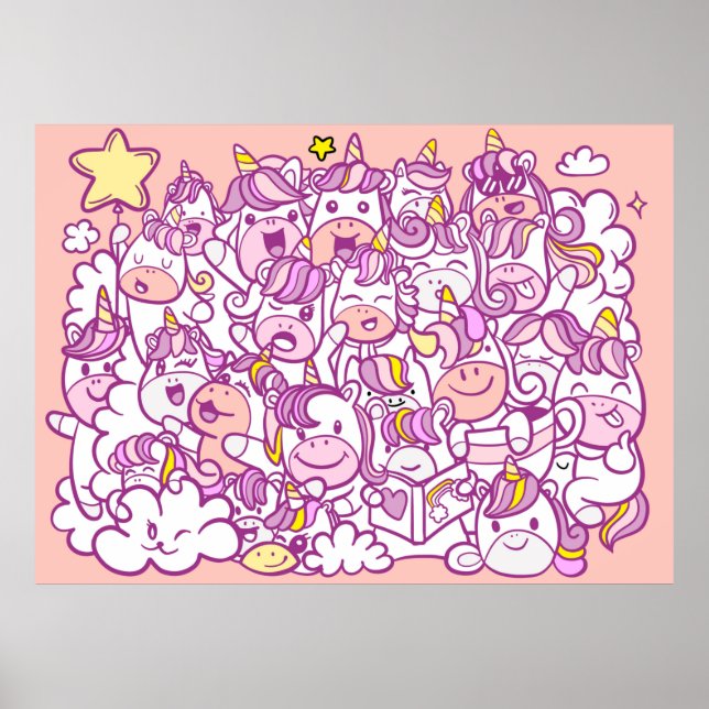 Póster Ilustracion, unicornio y colección de ponis con (Frente)