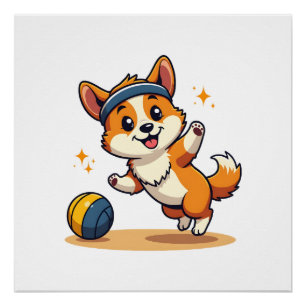 Póster Ilustración vectorial de perro Corgi vintage jugan