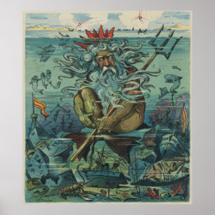 Póster Ilustracion Viejo Poseidón y Buques hundidos