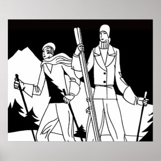 Póster Ilustracion Vintage Art Deco Ski Couple Skip