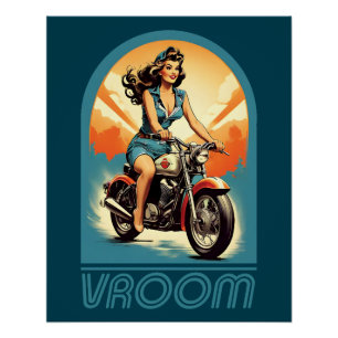 Póster Ilustracion vintage - Chica de motociclismo retro
