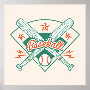 Póster Ilustración vintage de bates y pelota de béisbol.
