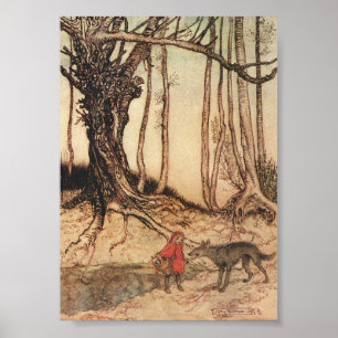 Póster Ilustración vintage de Caperucita Roja y el Lobo d