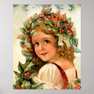 PÓSTER ILUSTRACIÓN VINTAGE DE CHICA DE NAVIDAD CON HOLLY