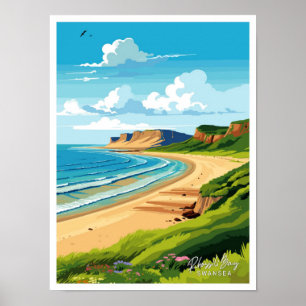 Póster Ilustracion Vintage de Rhossili Bay Swansea