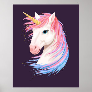 Póster ilustracion vintage de unicornio lindo con pelo do