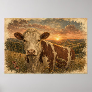 Póster Ilustración Vintage de Vaca de las Tierras Altas a