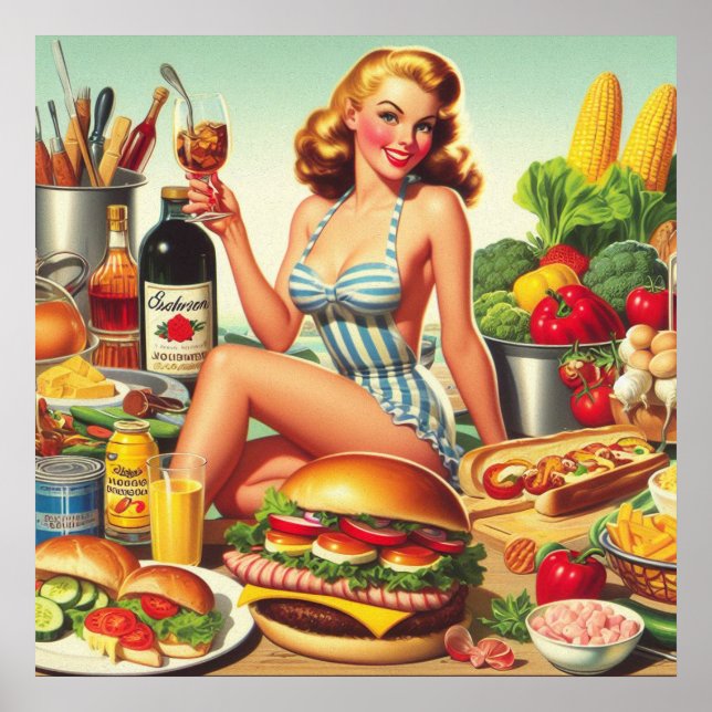 Póster Ilustracion Vintage Food Pin-up (Frente)