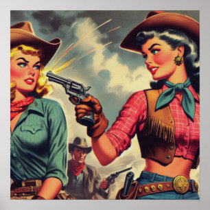 Póster Ilustracion Vintage Pulp Cowgirls