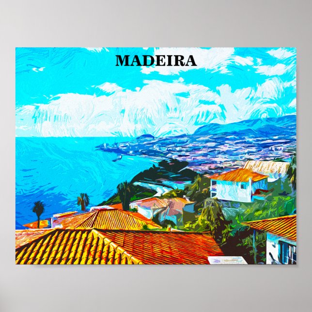 Póster Ilustracion Vista panorámica Madeira Portugal (Frente)