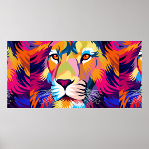 Póster ilustraciones coloridos, un león, diseño simple -