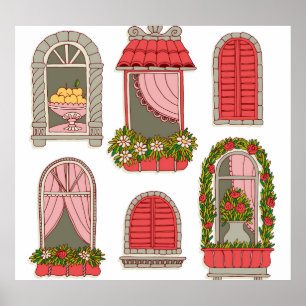 Póster Ilustraciones con ventanas antiguas: artísticas.