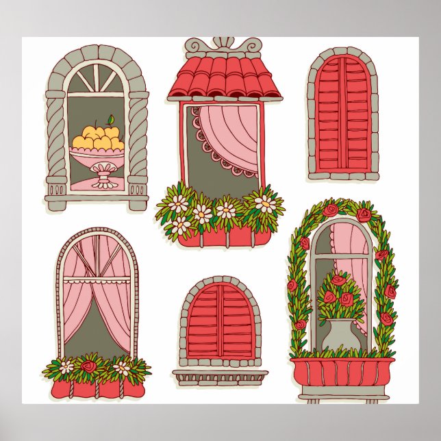 Póster Ilustraciones con ventanas antiguas: artísticas. (Frente)