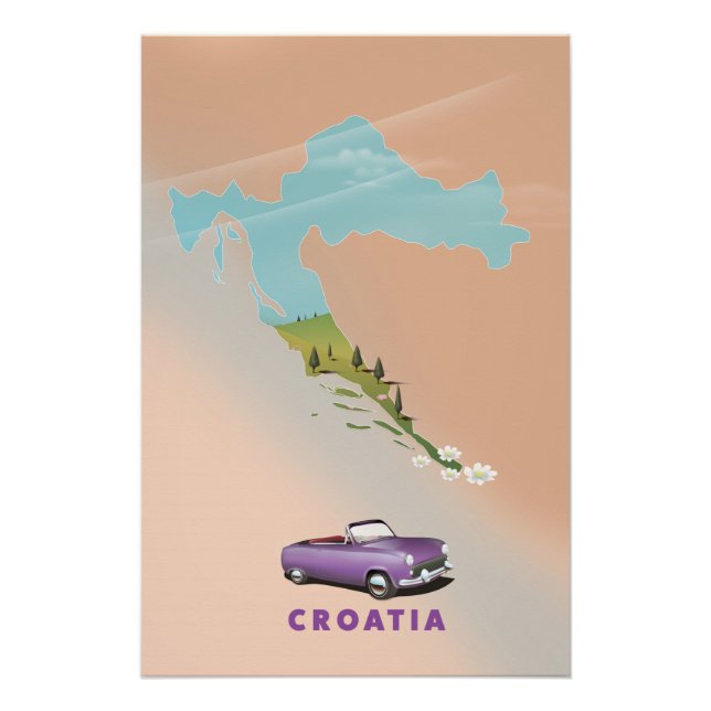 Póster ilustrado del mapa de Croacia. (Anverso)