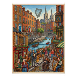Póster Ilustrado Vida en las calles de Dublín y patrimoni