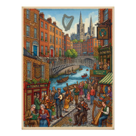 Póster Ilustrado Vida en las calles de Dublín y patrimoni