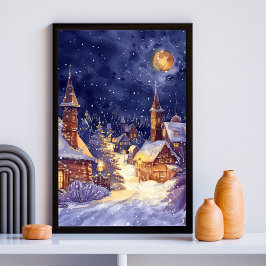 Póster Ilustrativo del pueblo de Navidad en noche de niev