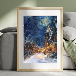 Póster Ilustrativo del pueblo en noche de nieve