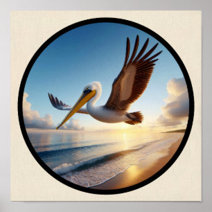 Póster Imagen circular 3D de un hermoso pelícano marrón