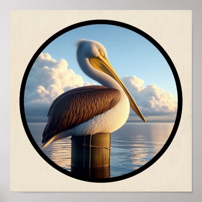 Póster Imagen circular 3D de un hermoso pelícano marrón (Frente)