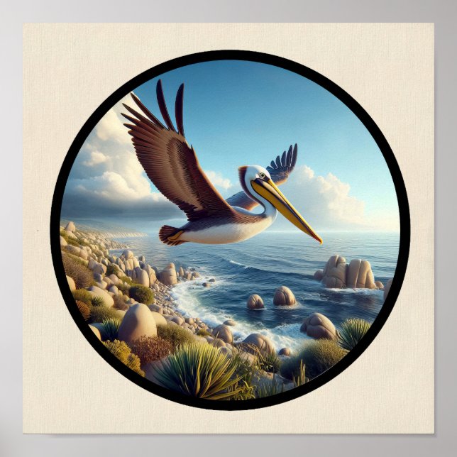 Póster Imagen circular 3D de un hermoso pelícano marrón (Frente)