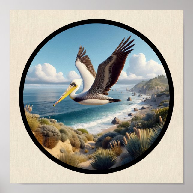 Póster Imagen circular 3D de un hermoso pelícano marrón (Frente)