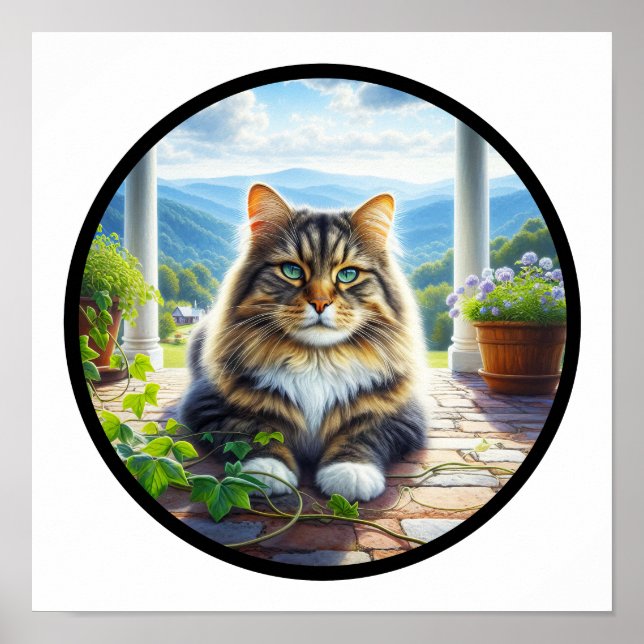 Póster Imagen circular en 3D de un gato doméstico de pelo (Frente)