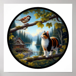 Póster Imagen circular en 3D de un hermoso gato calico