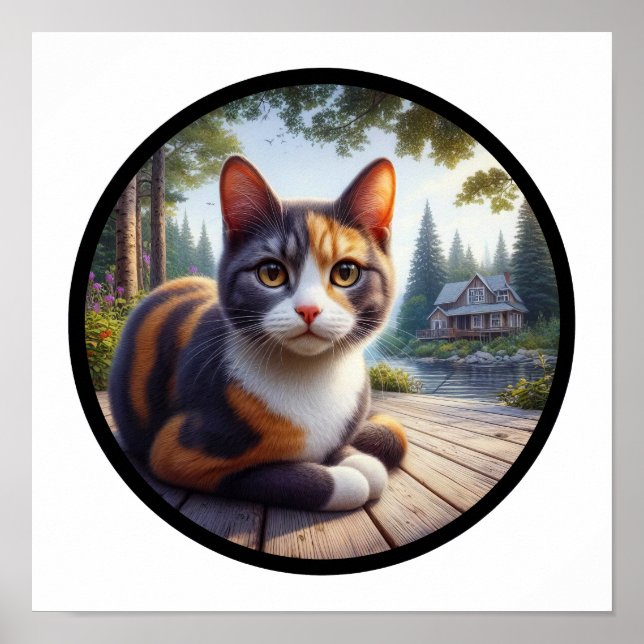Póster Imagen circular en 3D de un hermoso gato calico (Frente)