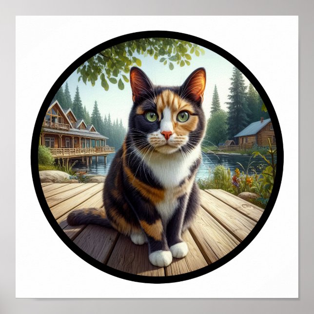 Póster Imagen circular en 3D de un hermoso gato calico (Frente)