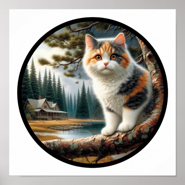 Póster Imagen circular en 3D de un hermoso gato calico (Frente)