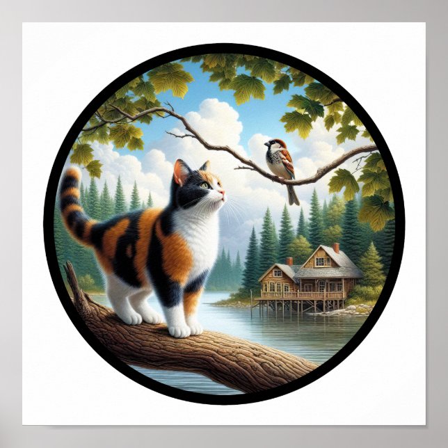 Póster Imagen circular en 3D de un hermoso gato calico (Frente)